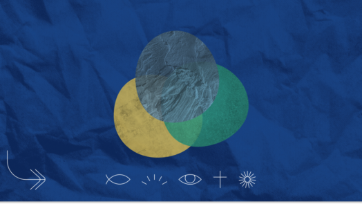 three overlapping circles on a blue background to represent the doctrine of the Trinity