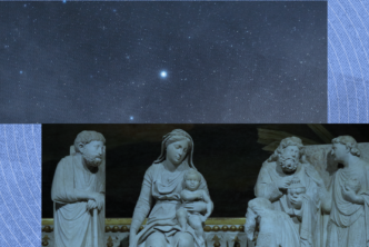 a painting of the Nativity of Jesus that includes Mary, Joseph, and baby Jesus standing in front of a blue background with stars in the sky to represent the question, Is Christmas a Christian holiday