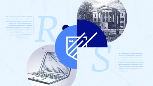 an image of a laptop, a lecture hall, and parts of the article written to the side of each image along with an R and S for Redemption Seminary