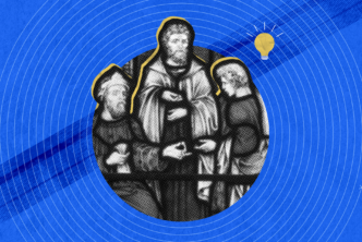 stylized imagery of a master giving talents to his servants.